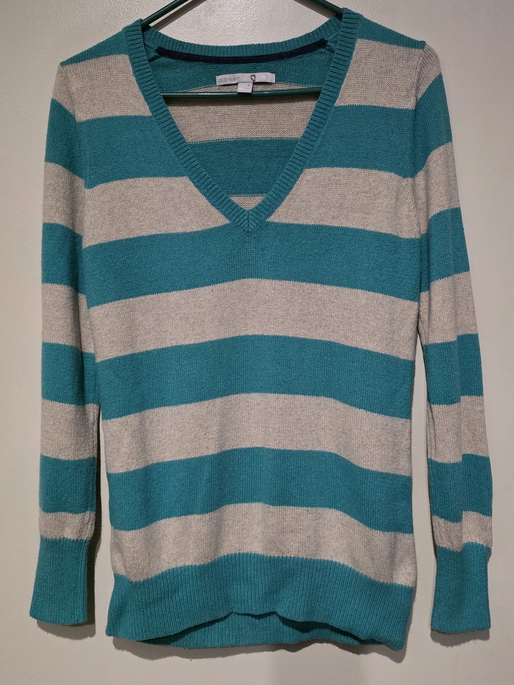 Old Navy Teal Gray Striped Knit V-Neck Ribbed Pullover Sweater Women M Fall